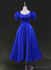 Royal Blue Satin Tea Length Wedding Party Dress, Blue Prom Homecoming Dress
